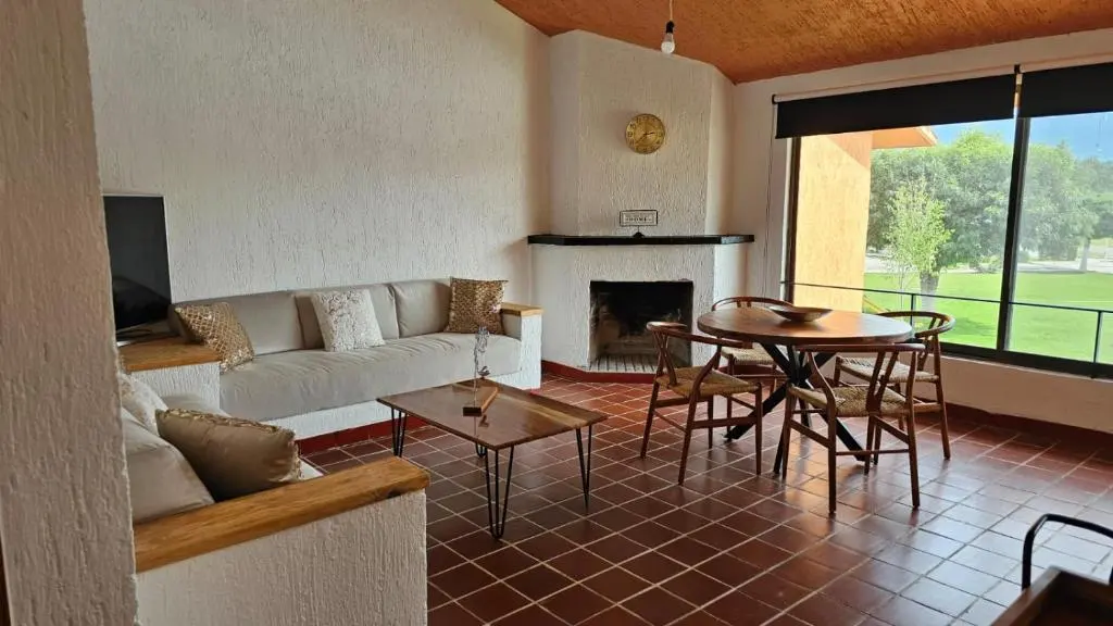 Living room, fireplace, and dining area